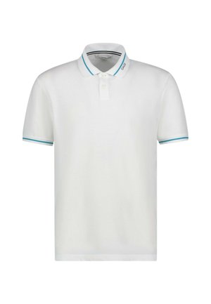 Witte polo met korte mouwen, twee-knopen pat, en turkooise accenten op de kraag en mouwranden. Gemaakt van geweven stof.