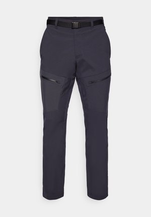 Ciemnoniebieskie spodnie outdoorowe o slim fit, z zamykanymi na zamek kieszeniami, wzmocnionymi łatami na kolanach oraz regulowanym paskiem w talii. Wykonane z lekkiego materiału.