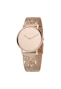 Runder goldener Uhr mit einem minimalistischen beigen Zifferblatt, dünnen Stundenmarkierungen und einem strukturierten roségoldenen Mesh-Armband mit schimmernden Akzenten.