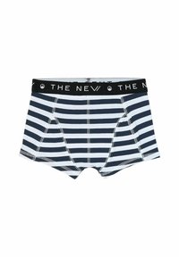 Boxer shorts rayés bleu marine et blanc avec une taille noire portant le texte "THE NEW". Le tissu est doux avec des détails de couture visibles.