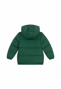 Grønn puffjakke med hette, med quiltet design, elastiske mansjetter og innsnørt kant. Laget av glatt, lett materiale.