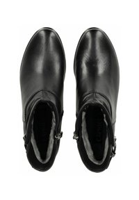 Par de botas de cuero negro hasta el tobillo con cremalleras laterales y forro interior gris, vistas desde arriba.