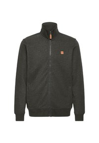Dark gray zip-up jacket made of soft fabric, featuring a stand collar, side pockets, and a small leather logo patch on the chest.