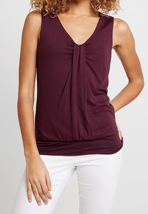 Bordeauxrotes ärmelloses Oberteil mit V-Ausschnitt und gerafften Details vorne, mit lockerem Sitz und einem gesmokten Saum. Glatter, dehnbarer Stoff.