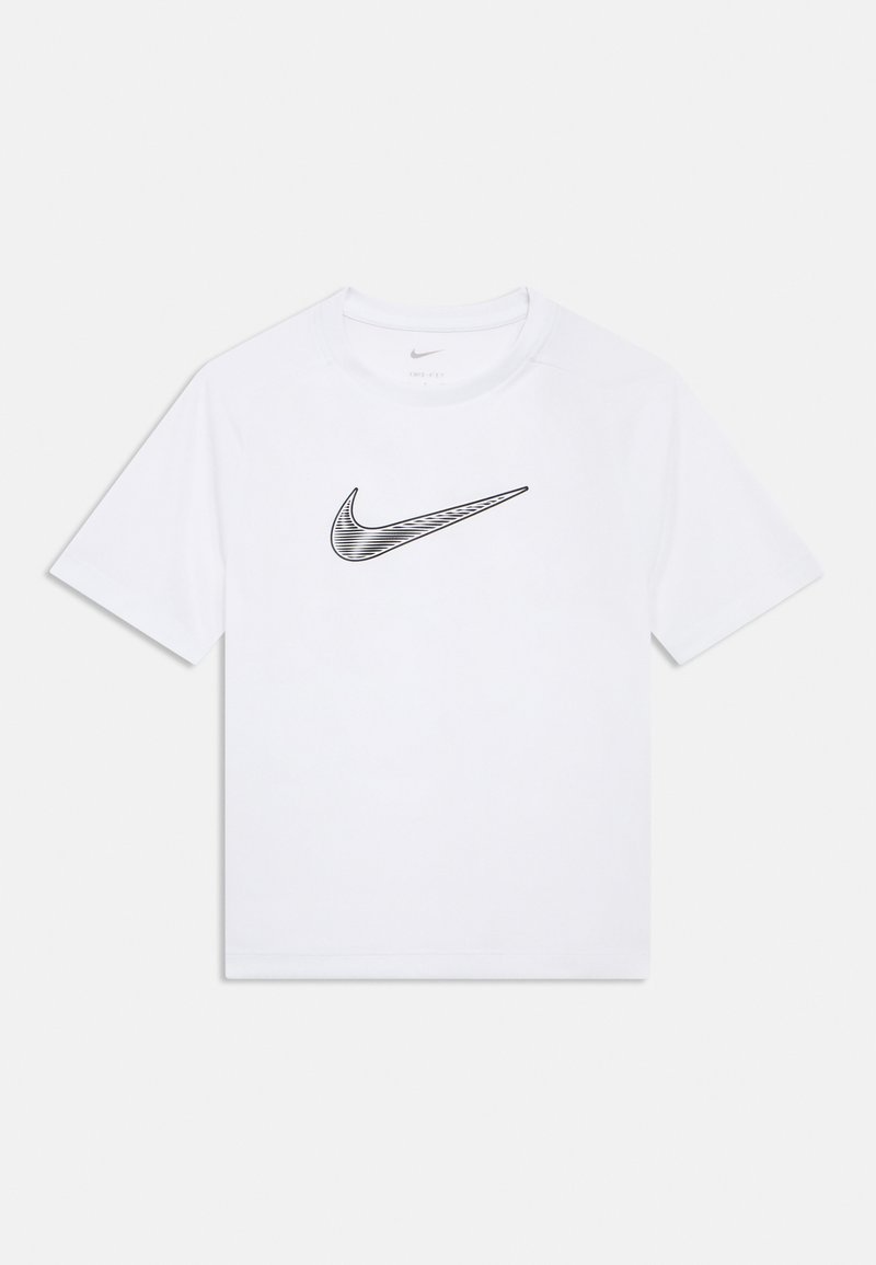 Camiseta blanca de manga corta Nike Dri-FIT con un logo de Nike Swoosh a rayas negras centrado en el pecho.