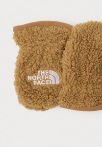 Barna bolyhos fleece kesztyű, hátulján fehér hímzett "The North Face" logóval, síkban elhelyezve egy fehér felületen.