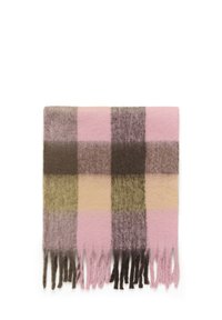 Uldblandings-scarf med et stort ternet mønster i pink, oliven, brun og beige farver. Den har lange frynser langs kanterne.