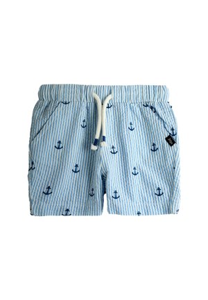 Modré a biele pruhované šortky s námorníckymi kotvovými vzormi, elastickým pásom so sťahovacou šnúrkou a bočnými vreckami.