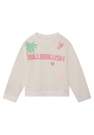 Jasnobeżowy sweatshirt z długimi rękawami, z napisem "BILLIEBLUSH" w różowych i srebrnych zdobieniach, z motywami palm, motyli i gwiazd.