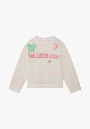 Sweatshirt beige clair à manches longues, ornée de "BILLIEBLUSH" en rose et argent, ainsi que des motifs de palmier, de papillon et d'étoile.