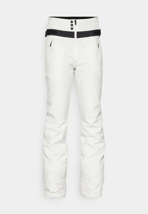 White ski pants featuring a high waist, black accent band, zippered front, three black buttons, and side pockets. Smooth texture.