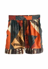 Mehrfarbige Shorts mit einem geometrischen und tropischen Blattmuster, aus leichtem Stoff gefertigt, mit elastischem Bund und Seitentaschen.