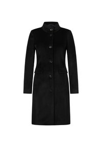 Zwarte wollen jas met hoge kraag, lange mouwen en knoopsluiting. Voorzien van zijzakken en een gladde, gestructureerde afwerking.