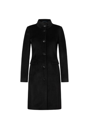 Czarny wełniany płaszcz z wysokim kołnierzem, długimi rękawami i zapięciem na guziki. Posiada boczne kieszenie oraz gładkie, teksturowane wykończenie.