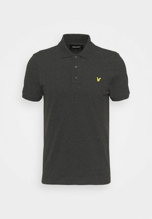 Polo shirt grigio scuro in cotone, con colletto, tre bottoni e un piccolo logo di un'aquila gialla sul petto.