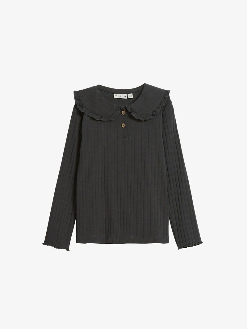 Czarna, ciemnoszara bluzka z długim rękawem o prążkowanej strukturze, okrągły kołnierz z falbanami, trzy guziki z przodu oraz rozszerzane mankiety.