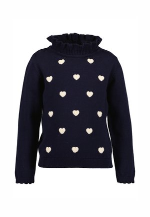 Marineblå langærmet sweater med flæset høj krave og spredte hvide hjerte-mønstre foran.