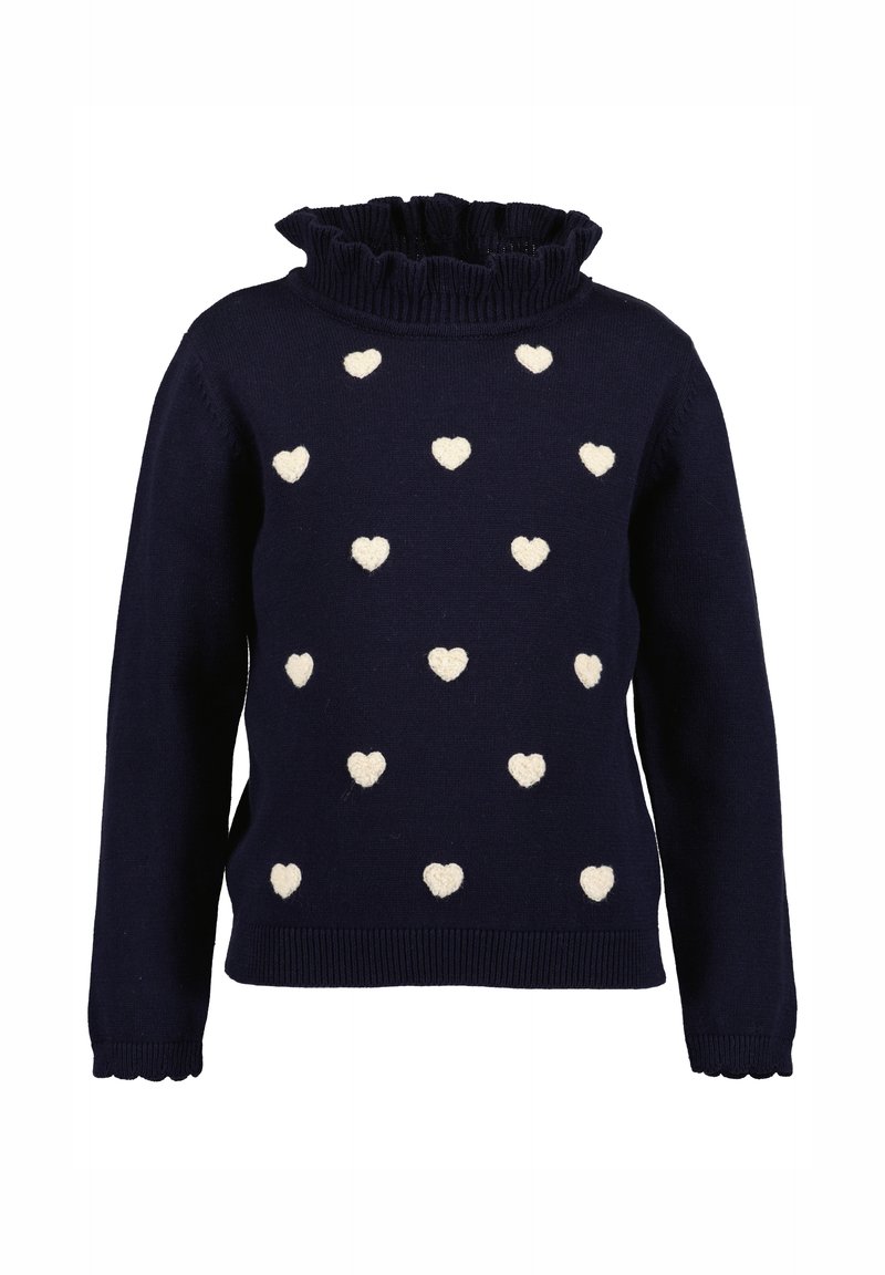 Pull bleu marine à manches longues avec un col montant à volants et des motifs de petits cœurs blancs dispersés sur le devant.