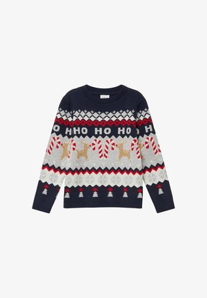 Sweater de Noël bleu marine avec le texte "HO HO HO", des rennes, des cannes de bonbon, des flocons de neige, des motifs en zigzag et des sapins de Noël en rouge, blanc et beige.