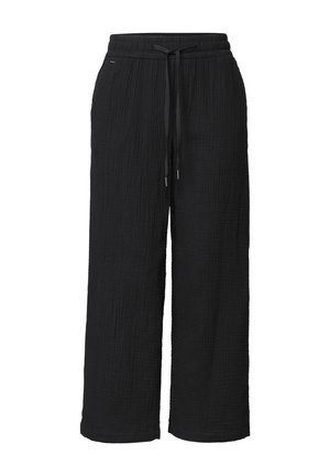 Pantalon noir à jambes larges en tissu texturé, taille élastique et fermeture à cordon à l’avant, présenté sur fond blanc.