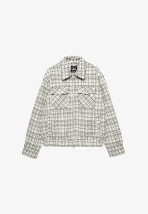 Grau-weiß kariertes Jacket aus weichem Material mit Reißverschluss, zwei Brusttaschen mit Klappen und einem Kragen-Design.