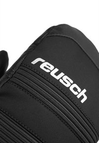 Schwarze Winterhandschuhe mit elegantem Design, strukturiertem Stoff und auffälligem weißen "reusch"-Logo. Mit gerippten Akzenten an der Rückseite.
