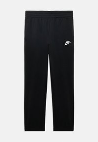 Černé sportovní kalhoty s elastickým pasem, na pravém stehně s bílým logem Nike a mírně zúženými kotníky. Hladká textura.