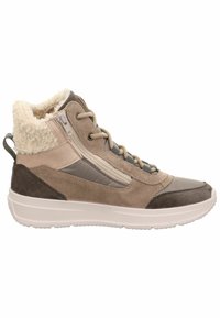 Beżowe i brązowe buty typu high-top, zamszowe i z futerkiem syntetycznym. Posiadają zamek błyskawiczny oraz sznurowanie, gumową podeszwę i teksturowane akcenty.