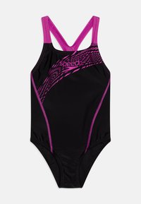 Black swimsuit with pink accents and a dynamic pattern. Features a racerback design with wide straps and reinforced stitching.