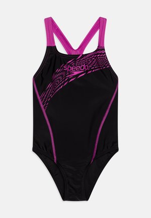 Zwarte swimsuit met roze accenten en een dynamisch patroon. Bevat een racerback ontwerp met brede banden en versterkte stiksels.