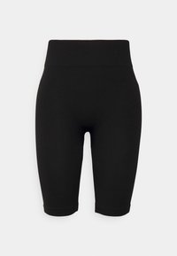 Czarne rowerowe szorty o prążkowanej strukturze z wysokim stanem, wykonane z elastycznego materiału, charakteryzujące się gładką fakturą i długością do kolan.