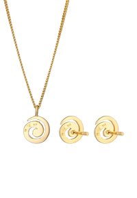 Guld smykkesæt inklusiv en spiral halskæde med en snoet kæde og matchende spiral stud øreringe, begge med polerede overflader.