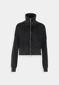 Schwarzer Rippstrickpullover mit hohem Kragen, cropped Design, durchgehendem Reißverschluss und langen Ärmeln. Hat ein strukturiertes Muster und eng anliegende Bündchen.