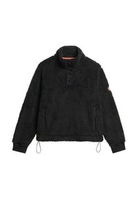 Black fleece pullover with a high collar, four button placket, side zip pockets, and elastic cuffs. Soft, textured exterior with adjustable hem.