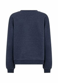 Donkerblauwe sweat met lange mouwen, geribbelde manchetten en zoom. Zachte stoftextuur, eenvoudig ontwerp zonder zichtbare patronen of logo's.