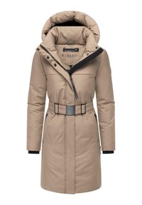 Polstret parka i lys beige med høj krave, justerbart bælte og sidelommer. Indeholder en sort lynlås og kontrastfyld i hætten.