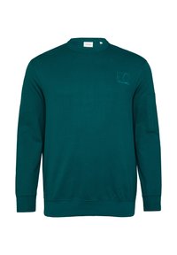 Sweat-shirt col rond teal en tissu doux,, avec un petit logo brodé sur la poitrine et des coutures détaillées sur les manches.