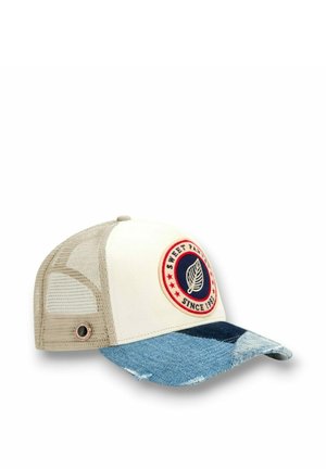 Casquette de base-ball avec dos en maille beige, panneau avant crème orné d'un patch "Sweet Pants Since 1981", et visière incurvée en patchwork de denim bleu.