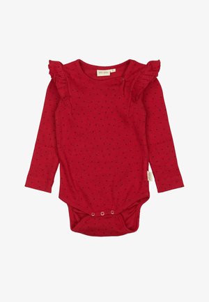 Červený body s dlhým rukávom, čiernymi bodkami, volánovými detailmi na pleciach, patentkou v spodnej časti a rebrovou textúrou.