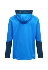 Felpa blu con cappuccio dal finish liscio, dettagli blu navy lungo le maniche e il marchio "Peak Performance" sul cappuccio.