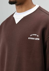 Bruine trui met V-hals, voorzien van witte geborduurde tekst "LE-75005-DE STUDIO ABYSS" op de borst. Gestructureerde stof.