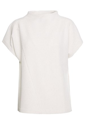 Weißes, kurzärmeliges Top mit Rippenstruktur, hohem Rundhalsausschnitt und asymmetrischer diagonaler Naht auf der Vorderseite.