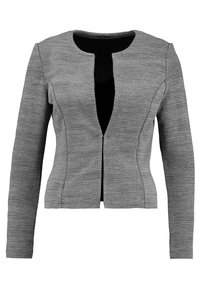 Graue Jacke mit strukturiertem Design, rundem Ausschnitt, langen Ärmeln und einem Reißverschluss vorne; aus strukturiertem Stoff gefertigt.