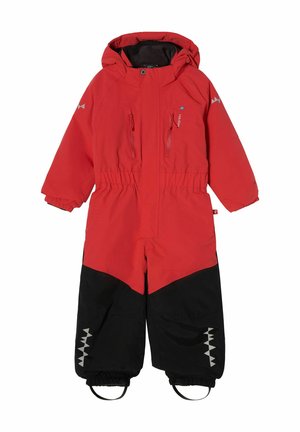 Rødt og sort isoleret børneflyverdragt med hætte, forreste lynlåse, elastisk talje og elastiske fodremme til vinterbrug.