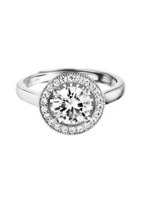Silberring mit einem großen, zentralen runden Diamanten, umgeben von kleineren Diamanten in einer kreisförmigen Halo-Fassung. Glatte, polierte Ringschiene.