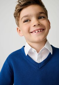 Blauwe gebreide trui met een V-hals, gedragen over een witte blouse met kraag. Gladde textuur, slim fit ontwerp, met zichtbare stikseldetails op de kraag.