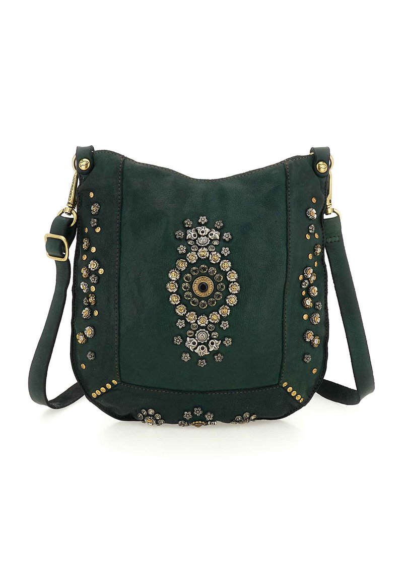 Borsa a tracolla in pelle verde con decorazioni argentate e dorate, motivi ovali e floreali, e dettagli dorati lungo i bordi.