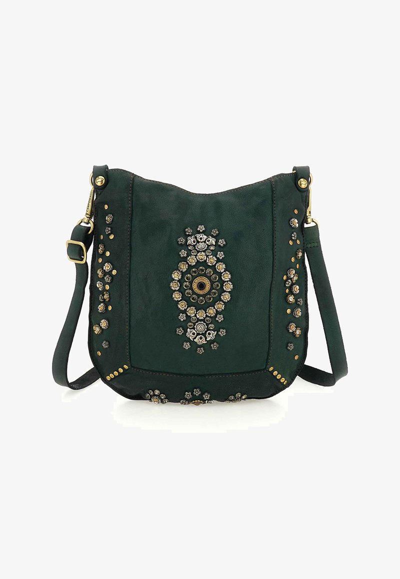 Borsa a tracolla in pelle verde con decorazioni argentate e dorate, motivi ovali e floreali, e dettagli dorati lungo i bordi.