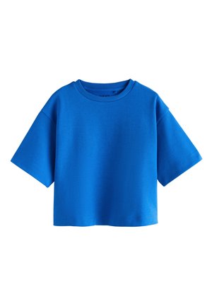 Lyseblå croppet T-shirt med korte ærmer og rund halsudskæring, vist mod en hvid baggrund.