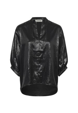 Black, shiny blouse with a V-neckline, loose fit, and three-quarter sleeves. The fabric has a smooth, glossy texture.